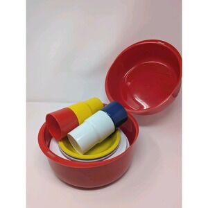 Vintage MCM Plastic Plates Cups Plastic Bowl Holder